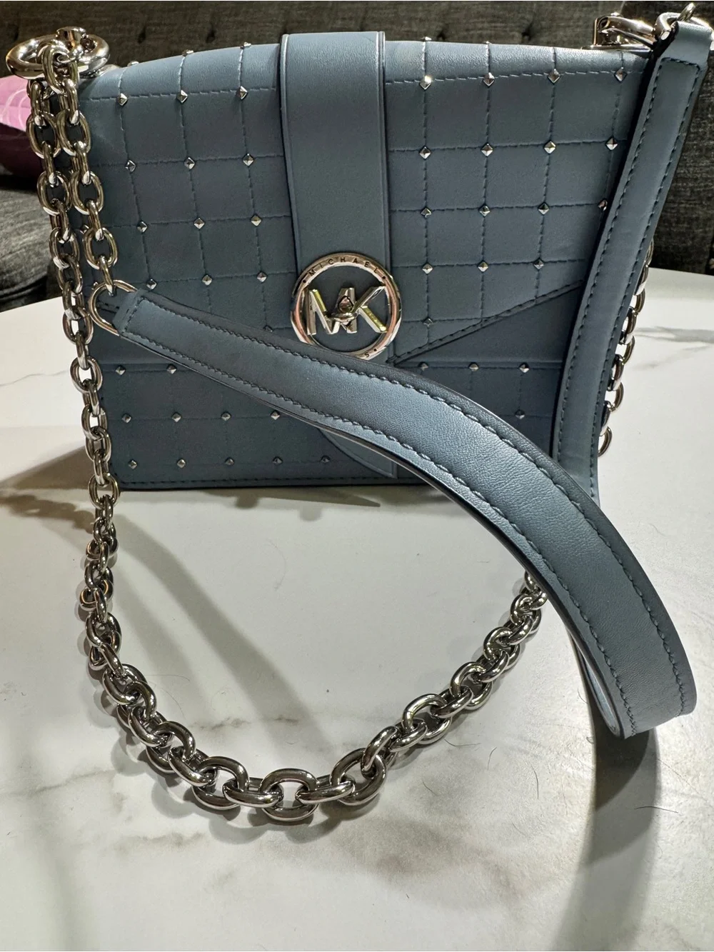 Michael Kors Light Blue Quilted Shoulder Bag with Silver Hardware